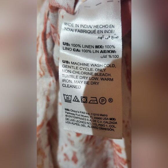 Chico's 1/M Orange White Paisley Print 100% LINEN 3/4 Slv 1/2 Button Women's Top - Picture 10 of 12